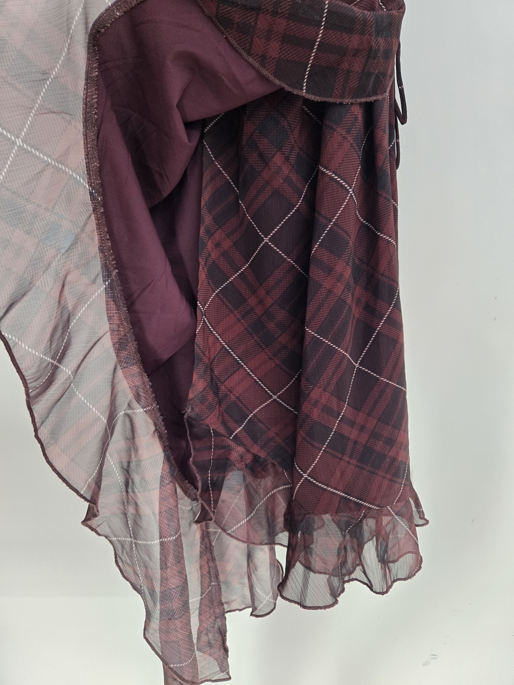 Beivy Asymmetric Ruffle Wrap Dress in Burgundy Plaid Small - Picture 2 of 7